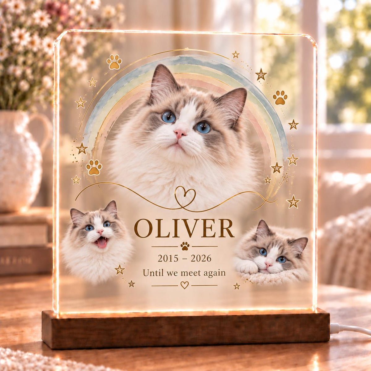 Pet Memorial LED Lamp, Custom Cat Memorial Light, Personalized Pet Loss Gift, Acrylic Photo Keepsake Night Light