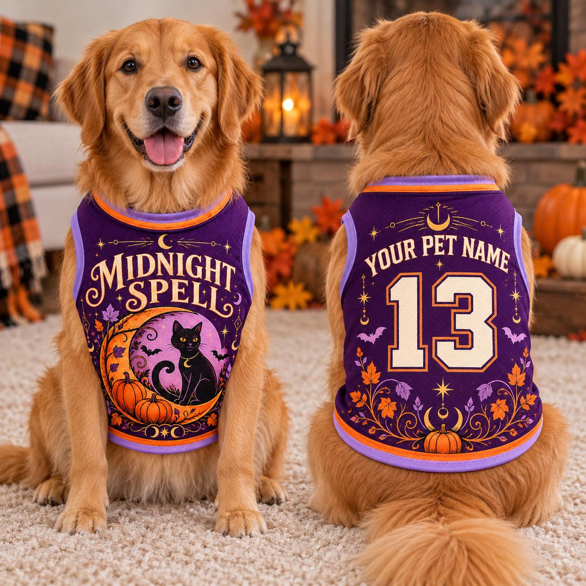 Midnight Spell Pet Jersey, Personalized Dog Name Number Shirt, Black Cat Halloween Top, Pumpkin Pet Costume, Spooky Gift