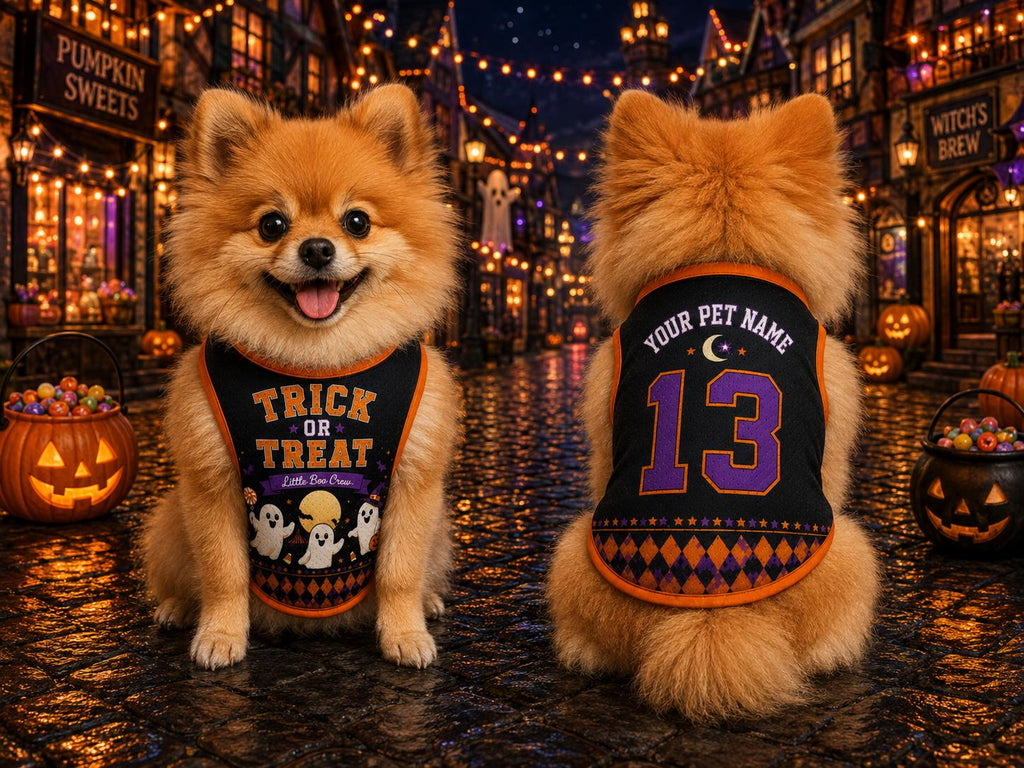 Trick or Treat Pet Jersey, Personalized Dog Name Number Shirt, Little Boo Crew Halloween Costume, Ghost Carnival Pet Outfit