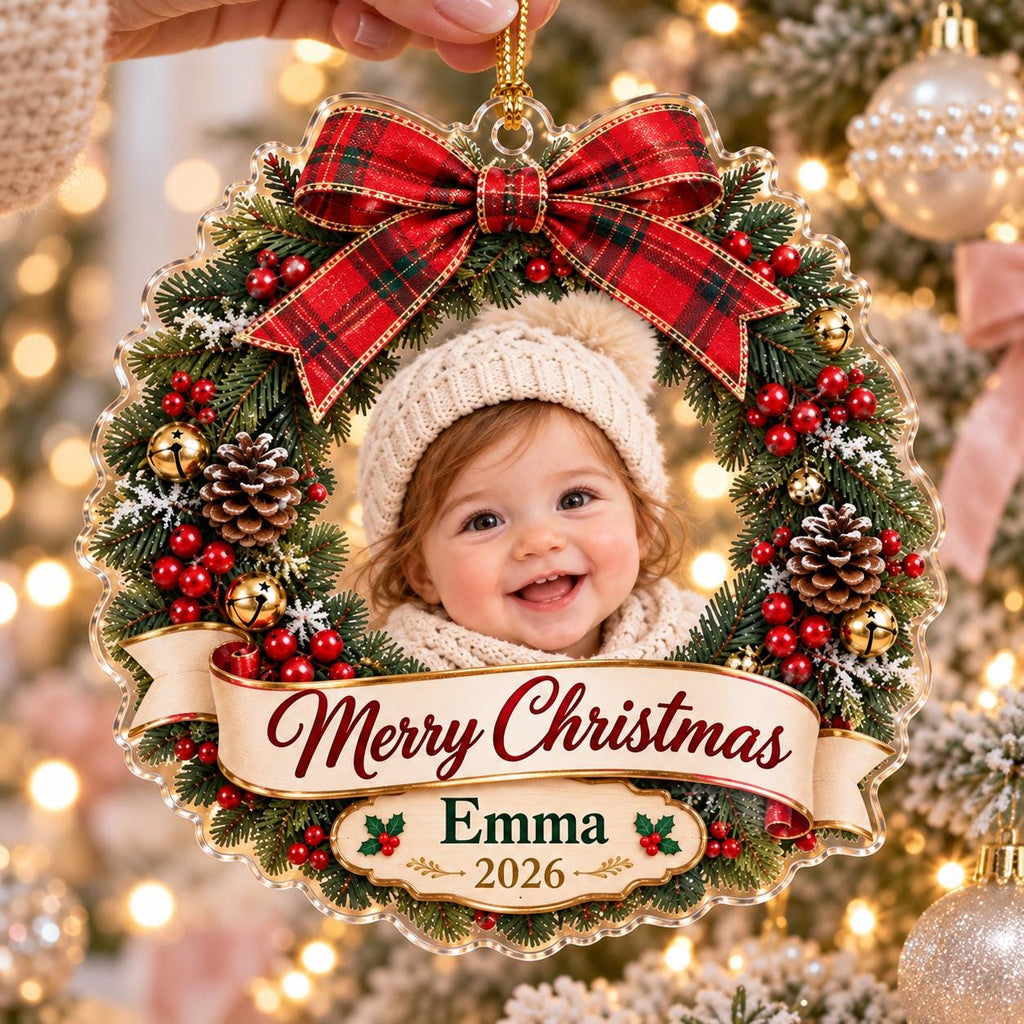 Christmas Wreath Ornament, Personalized Baby Photo Acrylic Keepsake, Custom Name 2026, First Christmas Gift
