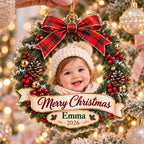 Christmas Wreath Ornament, Personalized Baby Photo Acrylic Keepsake, Custom Name 2026, First Christmas Gift