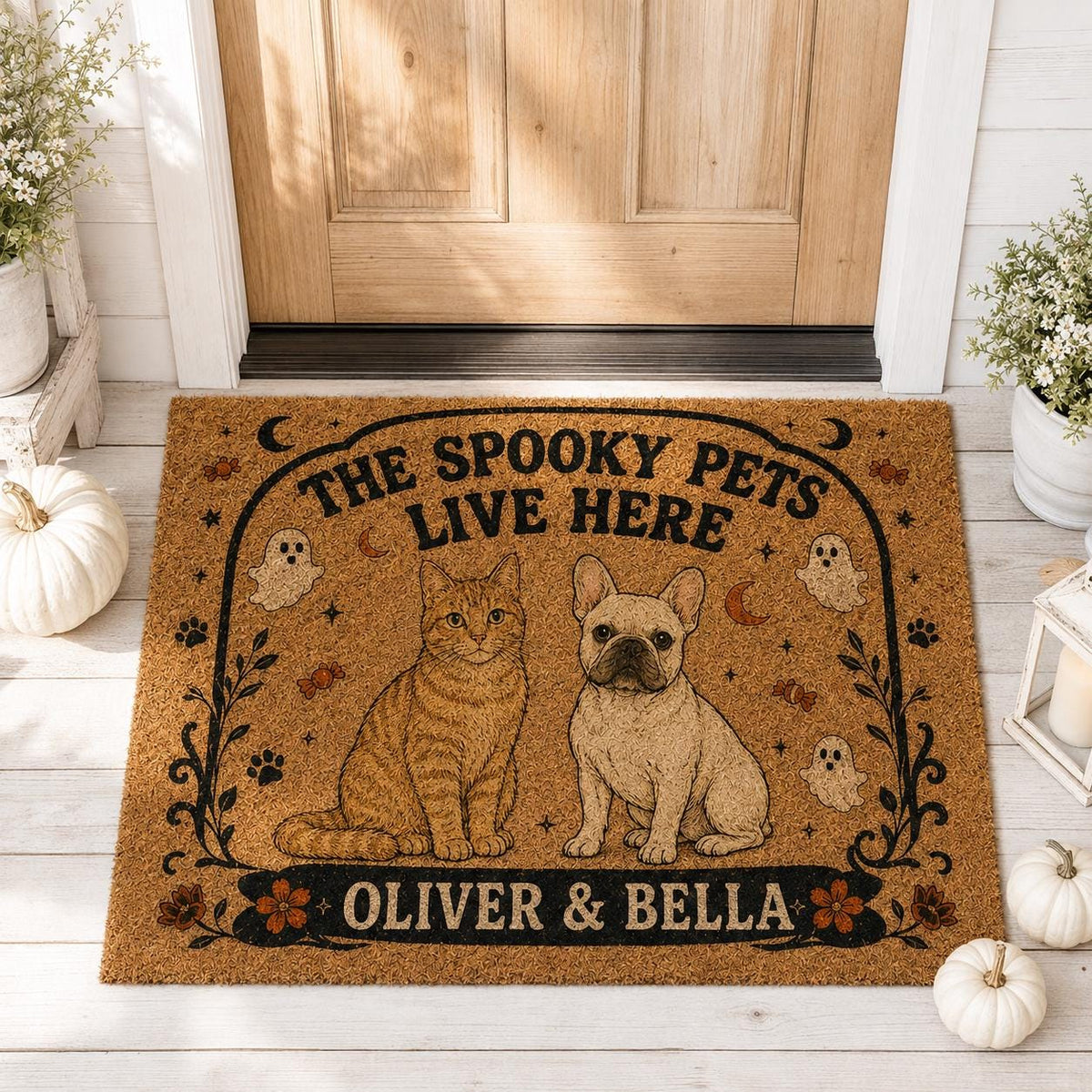 Personalized Pet Halloween Doormat, Spooky Pets Live Here Mat, Custom Dog Cat Name Door Mat, Halloween Porch Decor, Pet Lover Gift