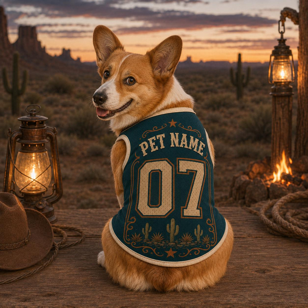 Cowboy Dog Jersey, Personalized Pet Name Number Shirt, Western Corgi Outfit, Desert Rodeo Pet Jersey, Custom Dog Gift