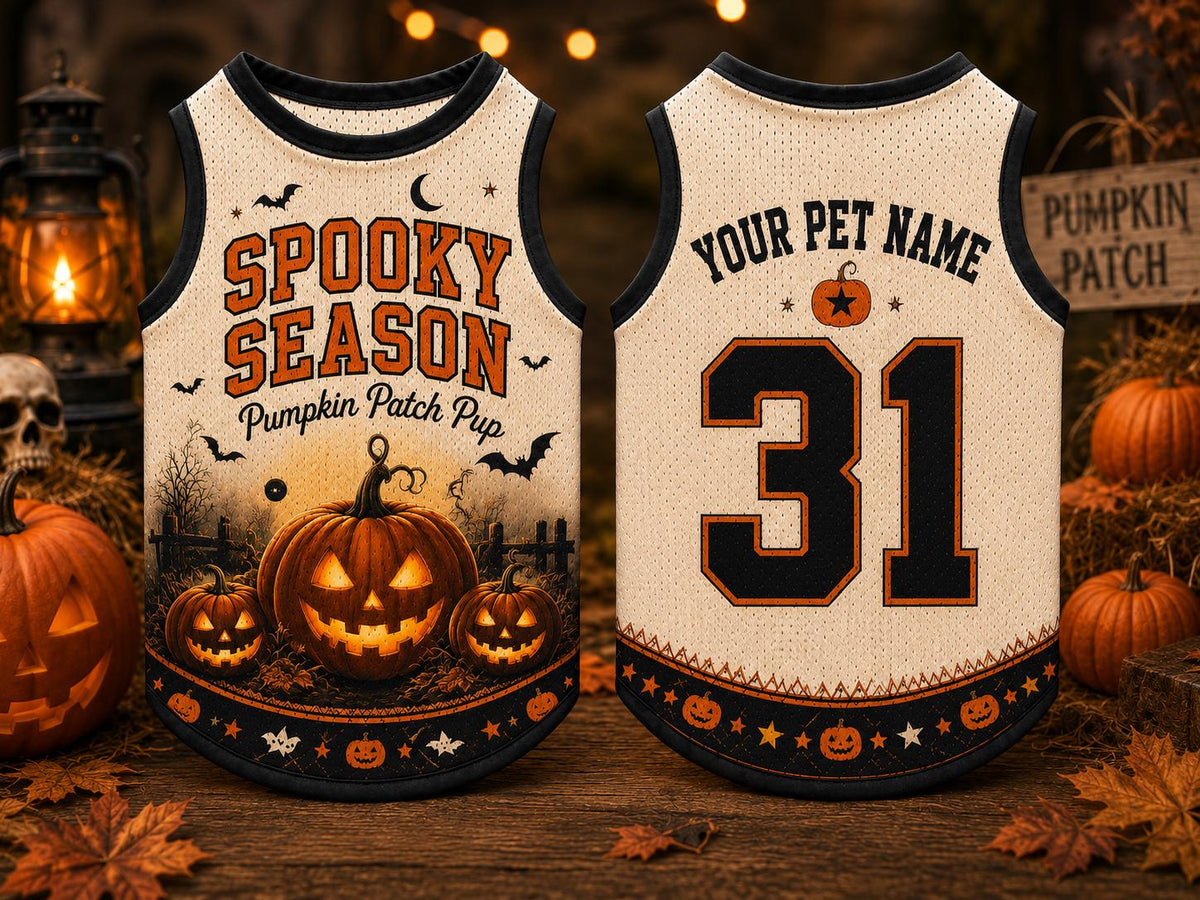 Spooky Season Pet Jersey, Personalized Pumpkin Patch Pup Shirt, Custom Dog Name Number, Halloween Costume, Fall Pet Gift