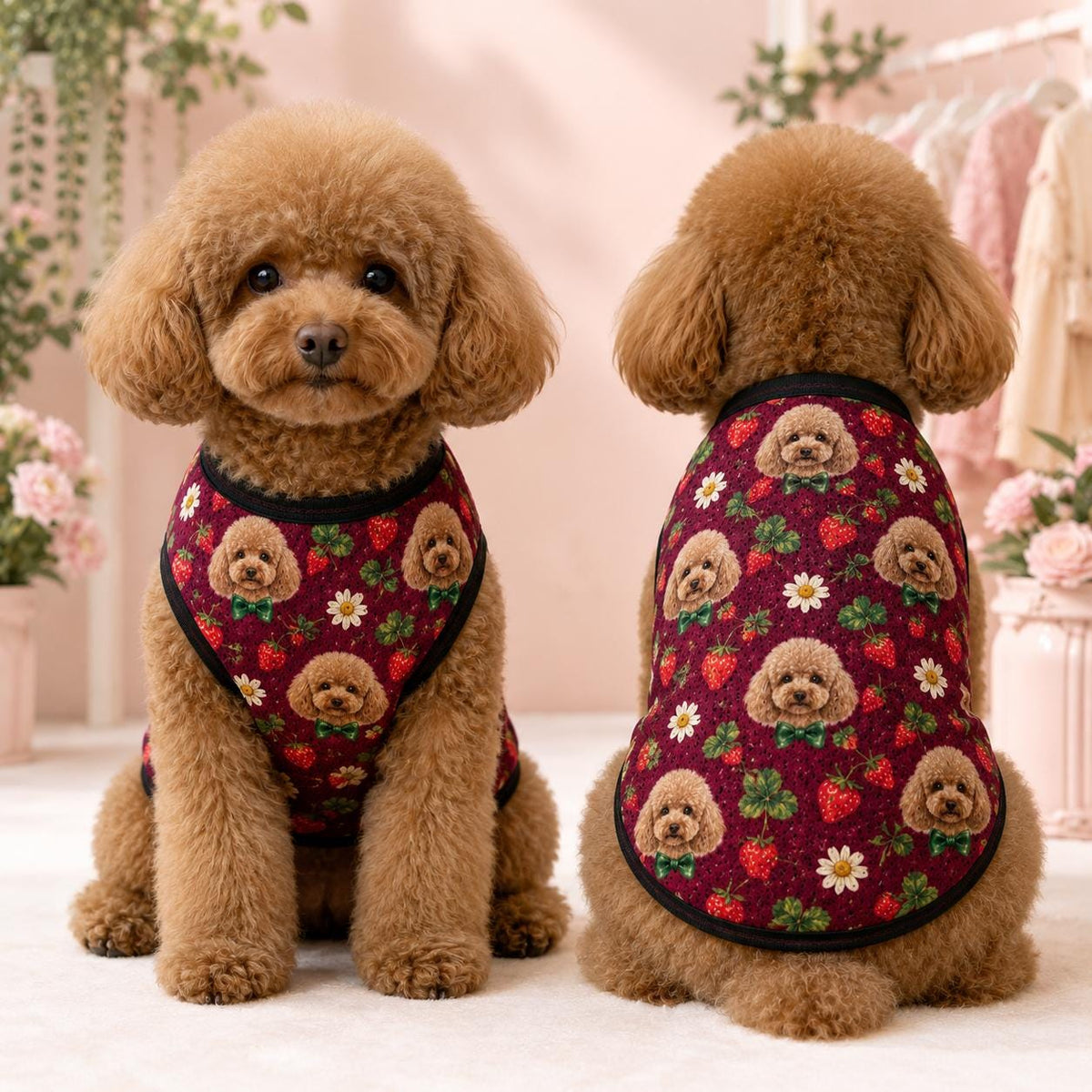 Custom Pet Face Dog Jersey, Personalized Puppy Shirt, Strawberry Floral Pet Outfit, Custom Photo Dog Vest, Dog Lover Gift