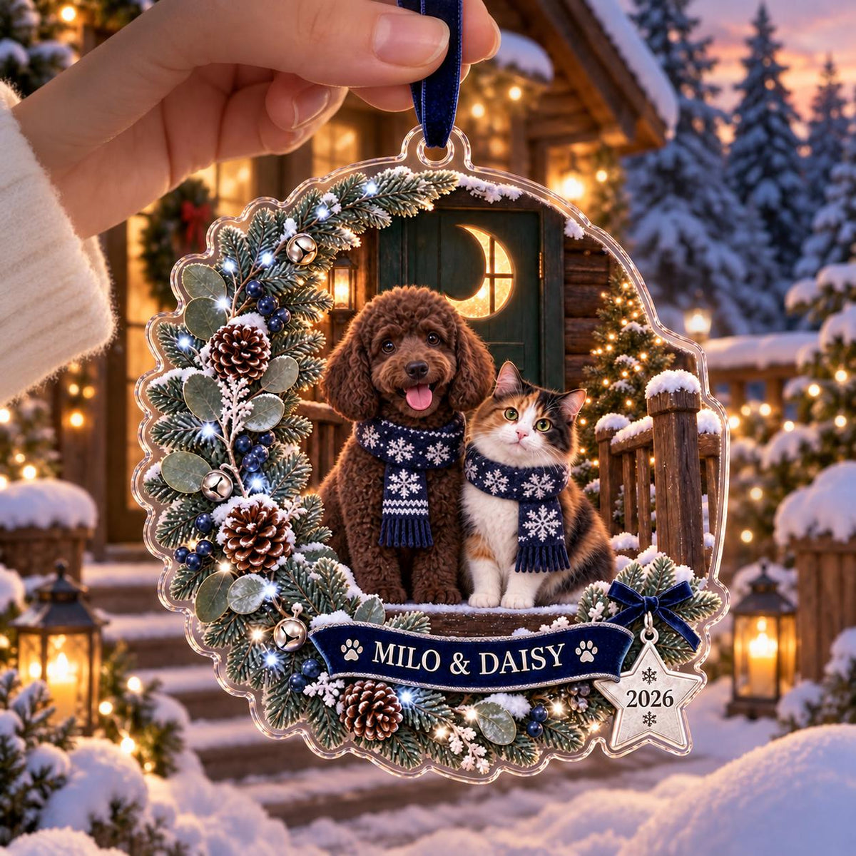 Moonlit Pet Christmas Ornament, Personalized Dog Cat Acrylic Keepsake, Custom Pet Name Winter Decor, Pet Parent Gift