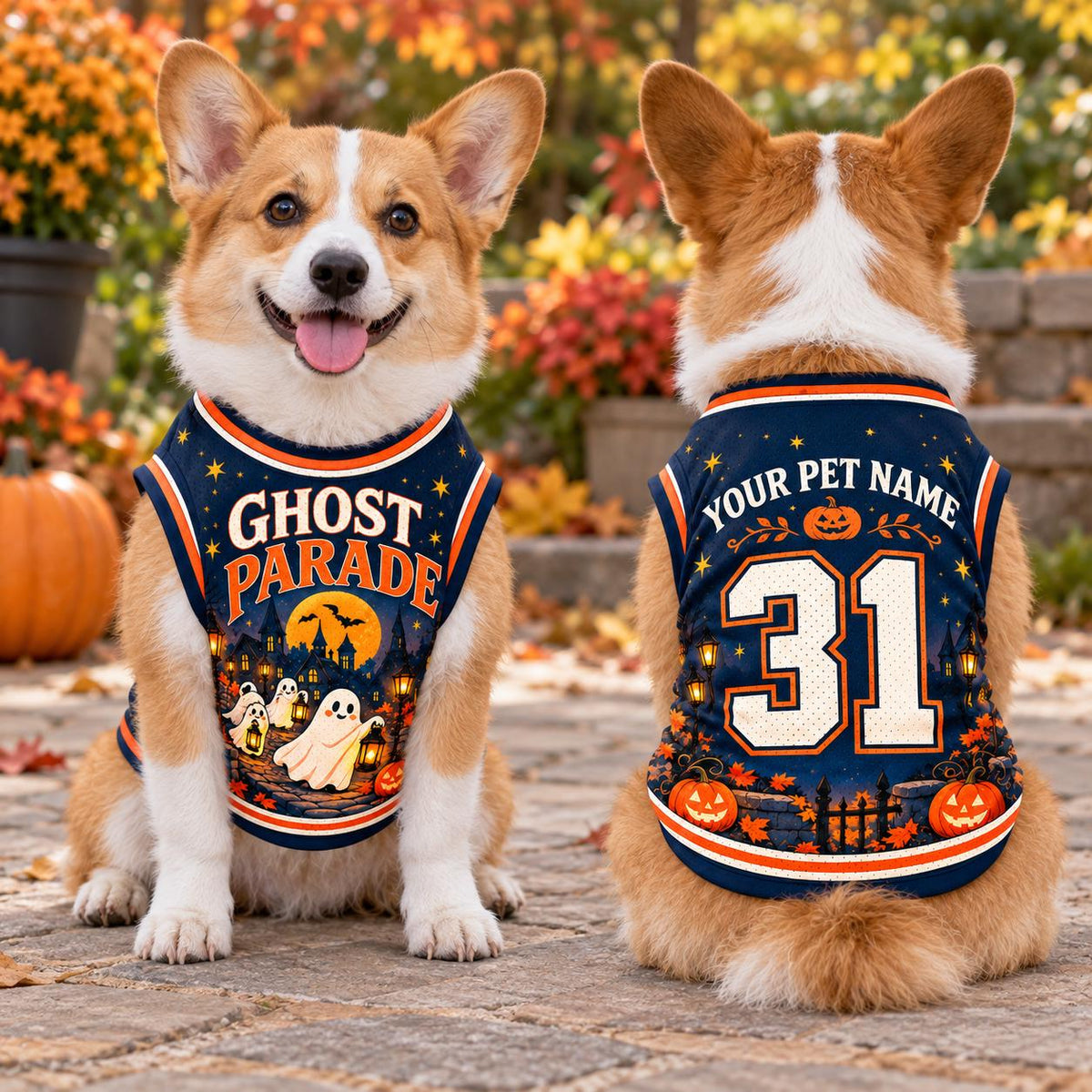 Ghost Parade Pet Jersey, Personalized Dog Name Number Shirt, Halloween Pet Top, Pumpkin Costume, Spooky Season Dog Gift