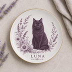 Personalized Cat Ceramic Dish, Custom Pet Name Plate, Blue Floral Cat Keepsake, Pet Memorial Gift, Cat Lover Home Decor