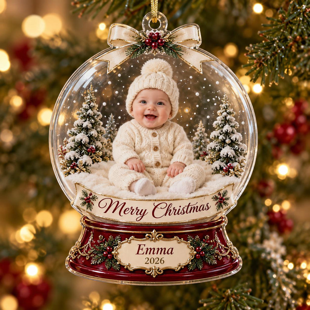 Snow Globe Baby Ornament, Personalized Photo Acrylic Keepsake, Custom Name Year, Christmas Baby Gift