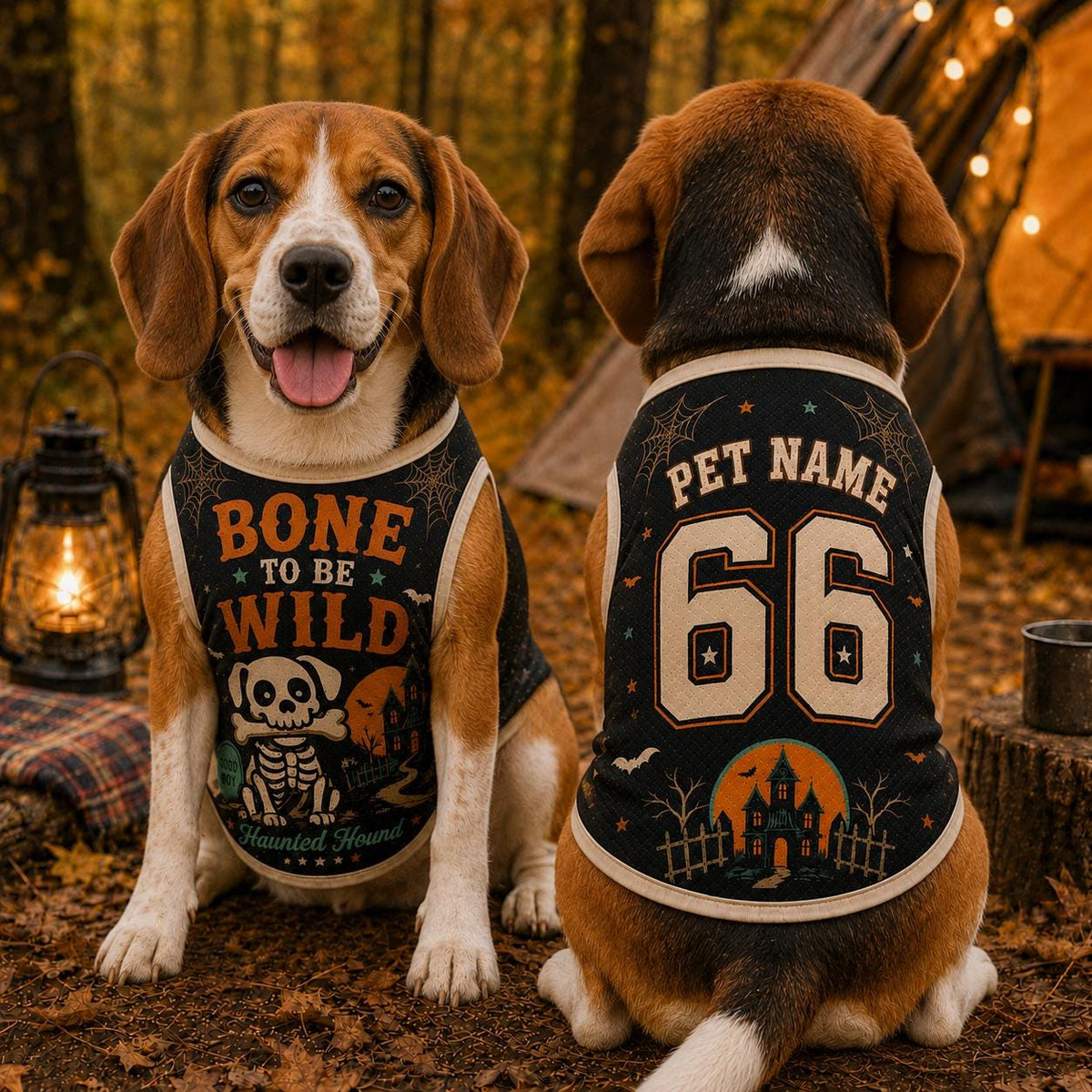 Bone To Be Wild Pet Jersey, Personalized Dog Name Number Shirt, Haunted Hound Halloween Outfit, Skeleton Puppy Game Day Top