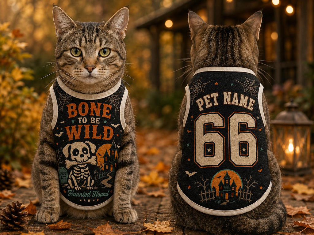 Bone To Be Wild Pet Jersey, Personalized Dog Name Number Shirt, Haunted Hound Halloween Outfit, Skeleton Puppy Game Day Top