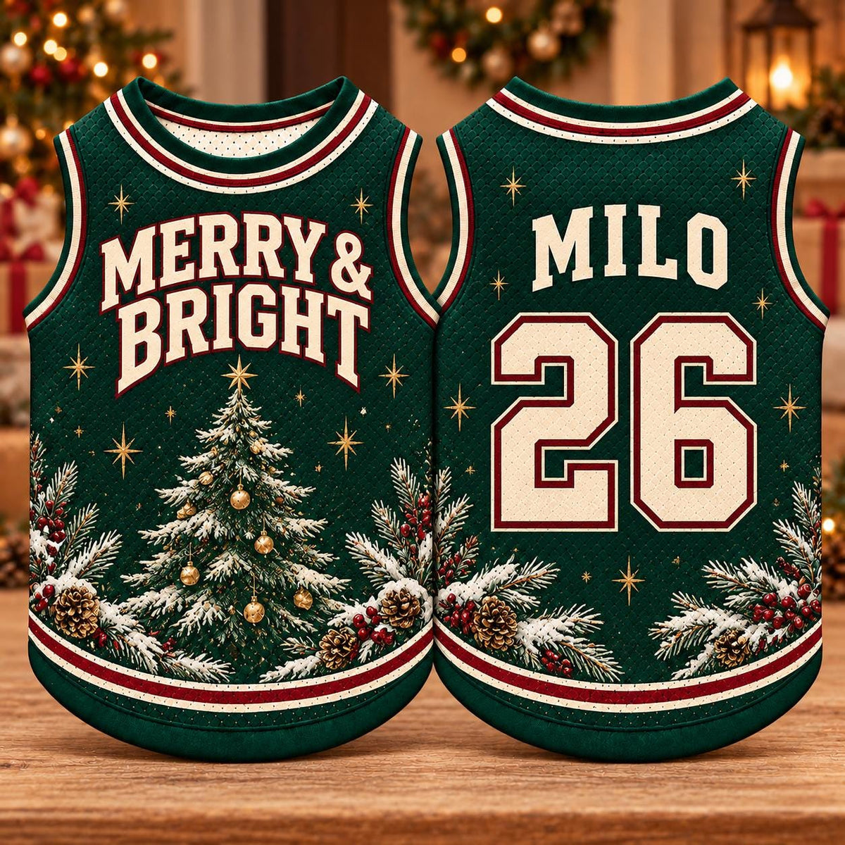 Merry & Bright Pet Jersey, Personalized Dog Name Number Shirt, Christmas Tree Pet Top, Holiday Sports Outfit, Custom Dog Gift