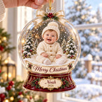 Snow Globe Baby Ornament, Personalized Photo Acrylic Keepsake, Custom Name Year, Christmas Baby Gift