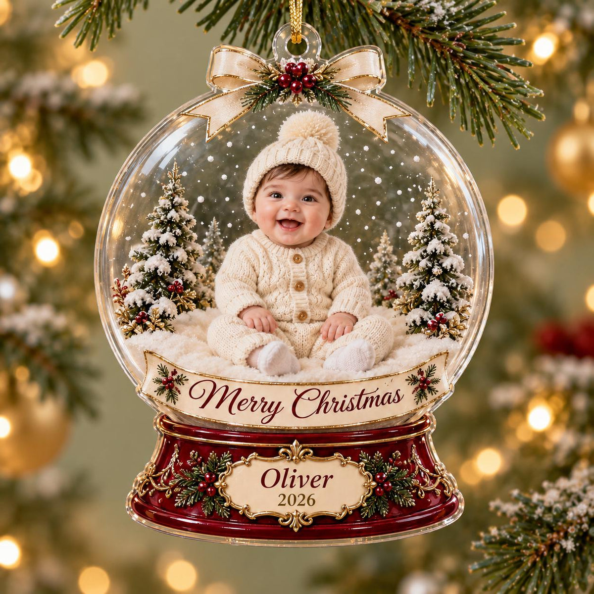 Snow Globe Baby Ornament, Personalized Photo Acrylic Keepsake, Custom Name Year, Christmas Baby Gift