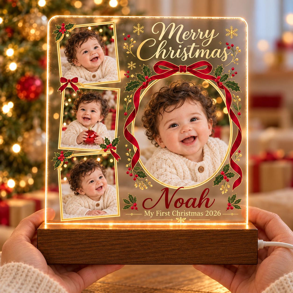 Christmas Photo Collage Lamp, Personalized Baby Acrylic Plaque, Custom Name Year, First Christmas Keepsake