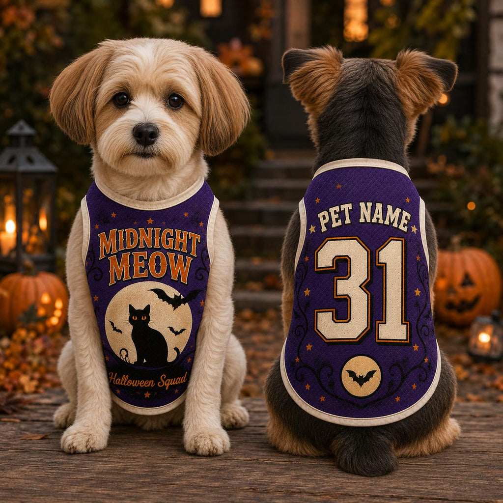 Midnight Meow Pet Jersey, Custom Cat Name Number Shirt, Black Cat Halloween Outfit, Purple Bat Pet Top, Spooky Season Gift