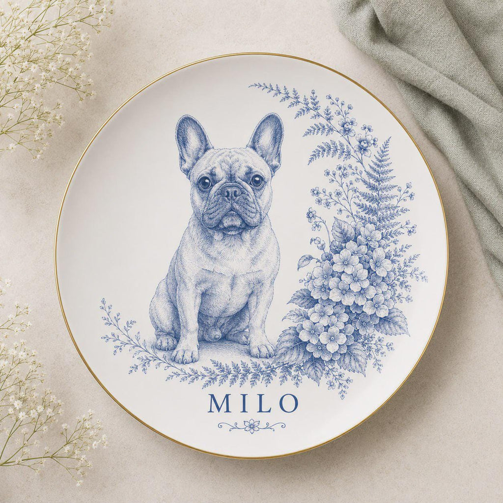 Personalized French Bulldog Portrait Plate, Custom Dog Portrait, Frenchie Memorial Gift, Custom Pet Name Plate, Botanical Dog Lover Gift