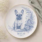 Personalized French Bulldog Portrait Plate, Custom Dog Portrait, Frenchie Memorial Gift, Custom Pet Name Plate, Botanical Dog Lover Gift