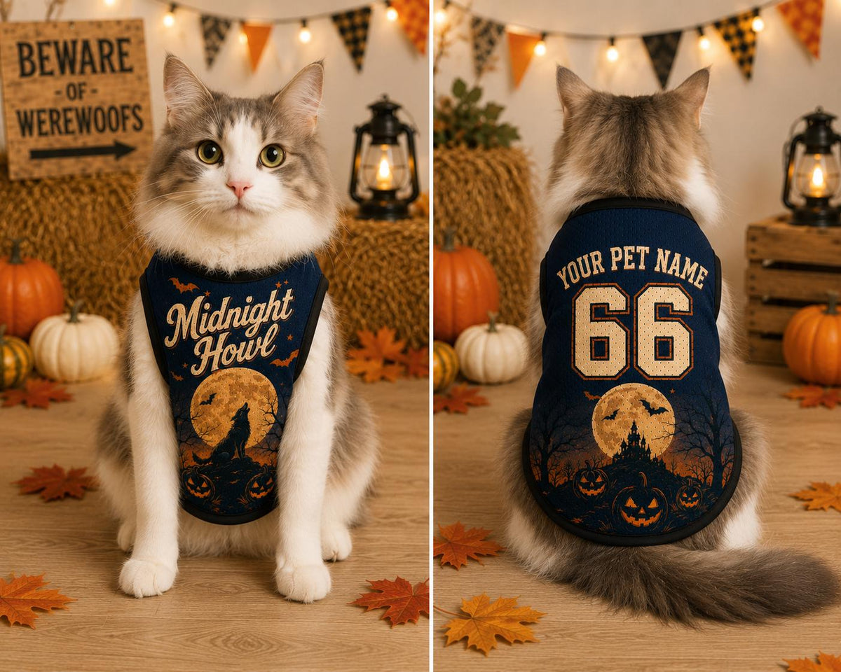Midnight Howl Pet Jersey, Personalized Dog Name Number Shirt, Werewolf Halloween Costume, Full Moon Pumpkin Outfit, Spooky Pet Gift