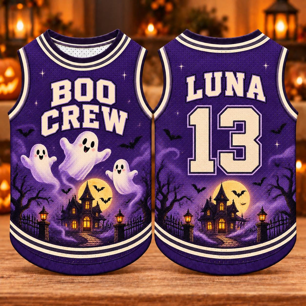 Boo Crew Pet Jersey, Personalized Halloween Dog Shirt, Custom Name Number, Purple Ghost Costume, Spooky Pet Outfit