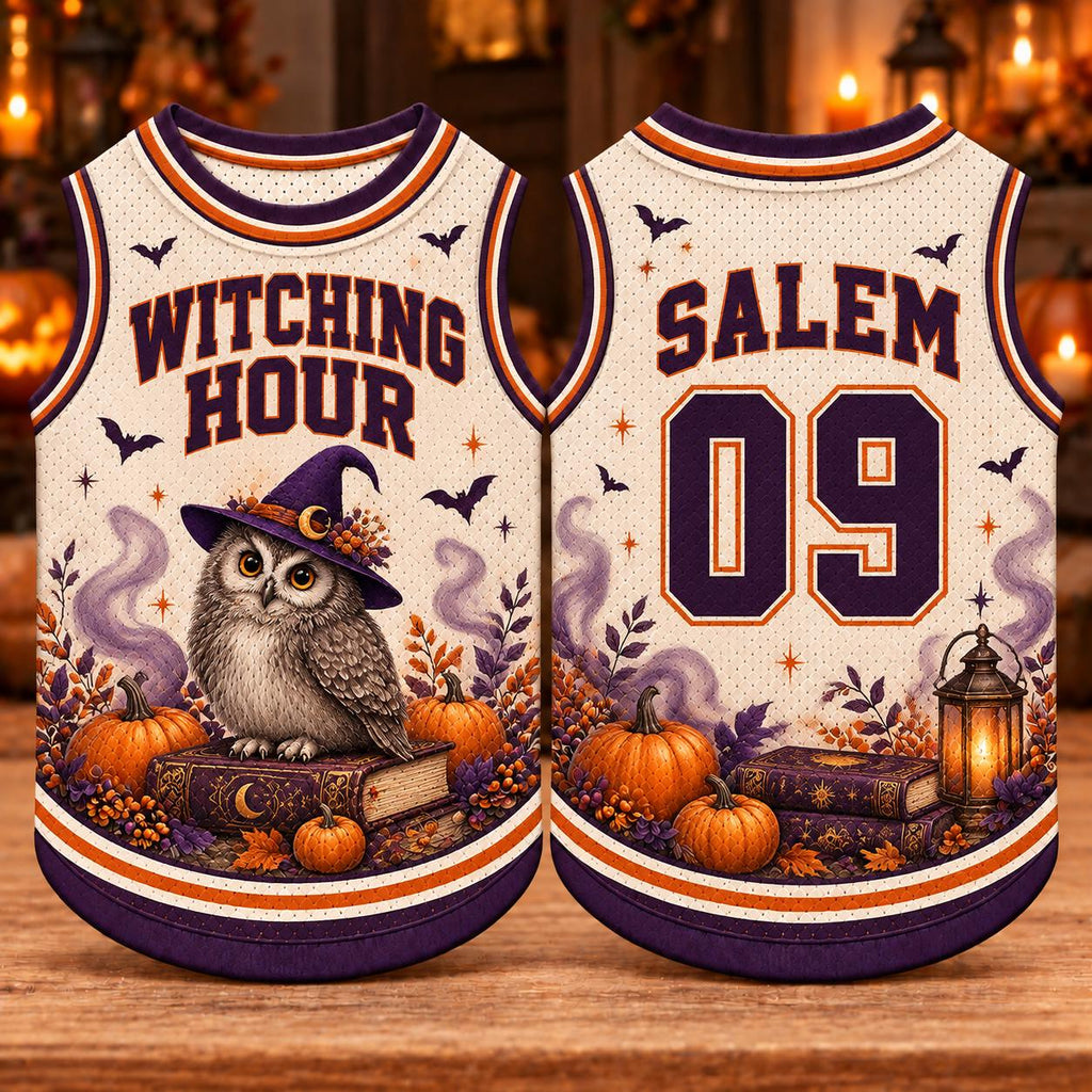Witch Owl Pet Jersey, Personalized Halloween Dog Shirt, Custom Name Number, Salem Witching Hour Outfit, Spooky Pet Gift