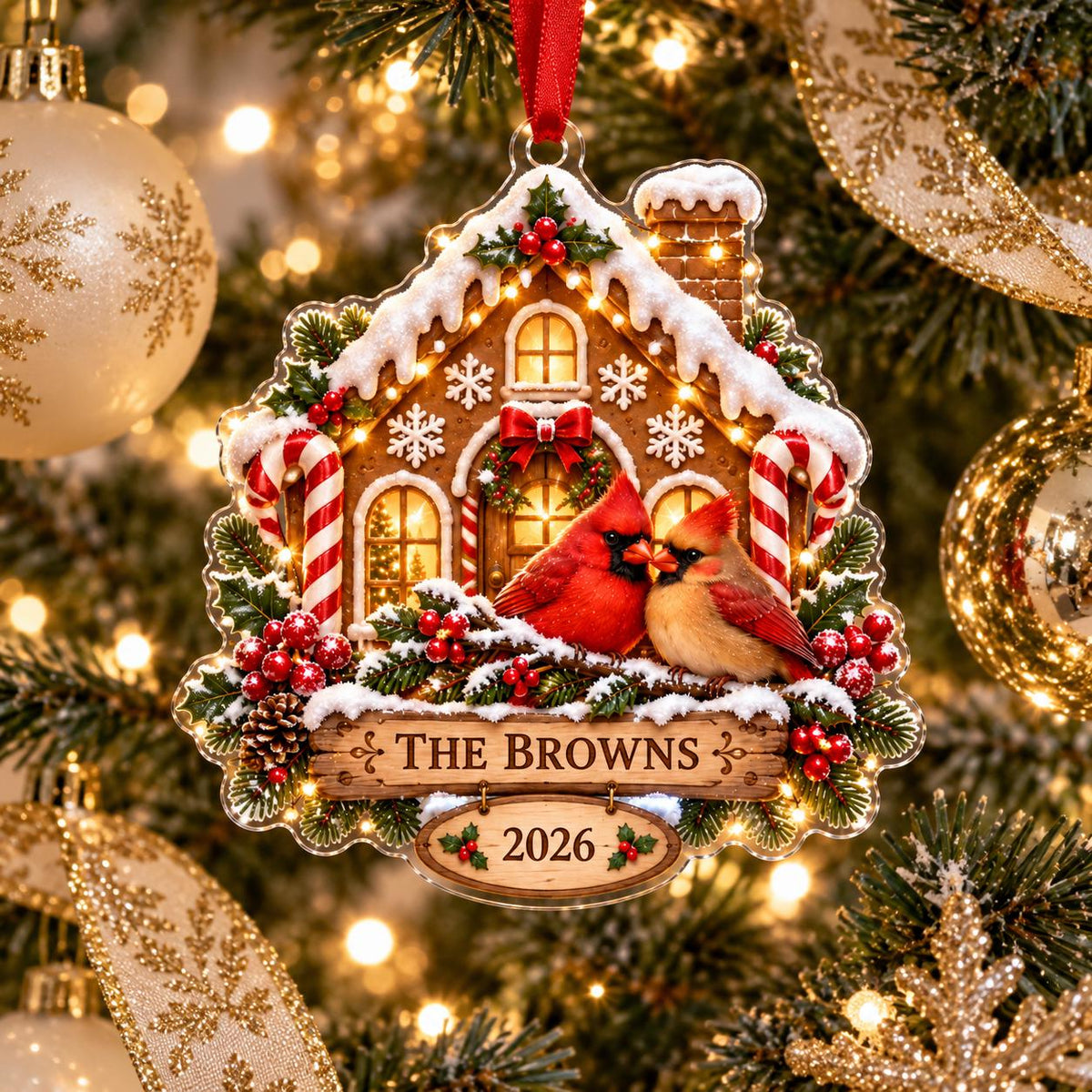 Cardinal Christmas Ornament, Personalized Acrylic Family Keepsake, Gingerbread House Holiday Decor, Bird Lover Gift