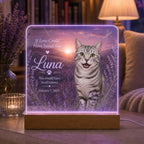 Cat Loss Night Light, Personalized Pet Photo Acrylic Lamp, Lavender Remembrance Plaque, Custom Cat Keepsake, Gift for Cat Mom
