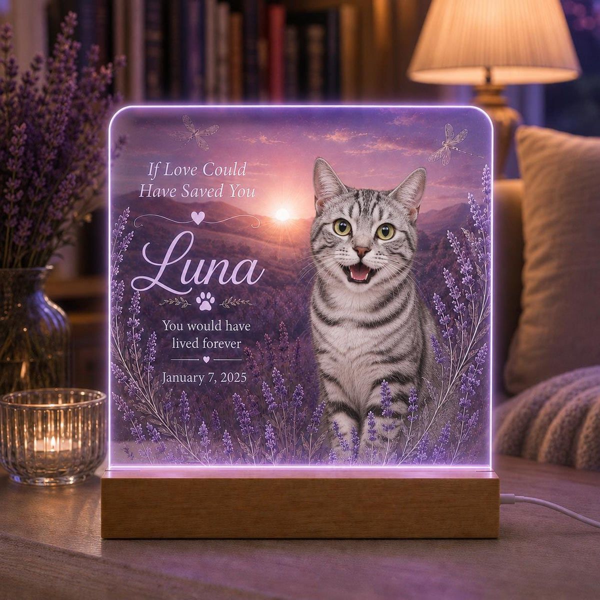 Cat Loss Night Light, Personalized Pet Photo Acrylic Lamp, Lavender Remembrance Plaque, Custom Cat Keepsake, Gift for Cat Mom