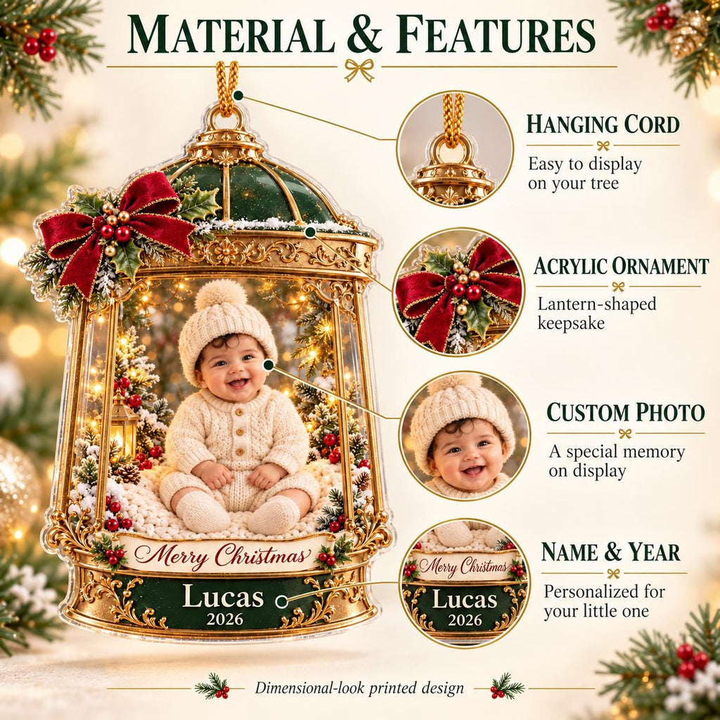 Christmas Lantern Baby Ornament, Personalized Photo Acrylic Keepsake, Custom Name Year, First Holiday Gift