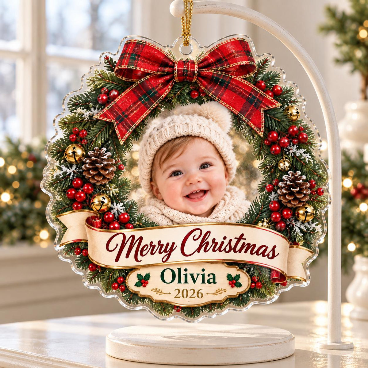 Christmas Wreath Ornament, Personalized Baby Photo Acrylic Keepsake, Custom Name 2026, First Christmas Gift