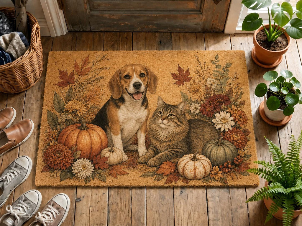 Personalized Fall Pet Doormat, Custom Dog Portrait Welcome Mat, Autumn Pumpkin Floral Door Decor, Pet Lover Housewarming Gift