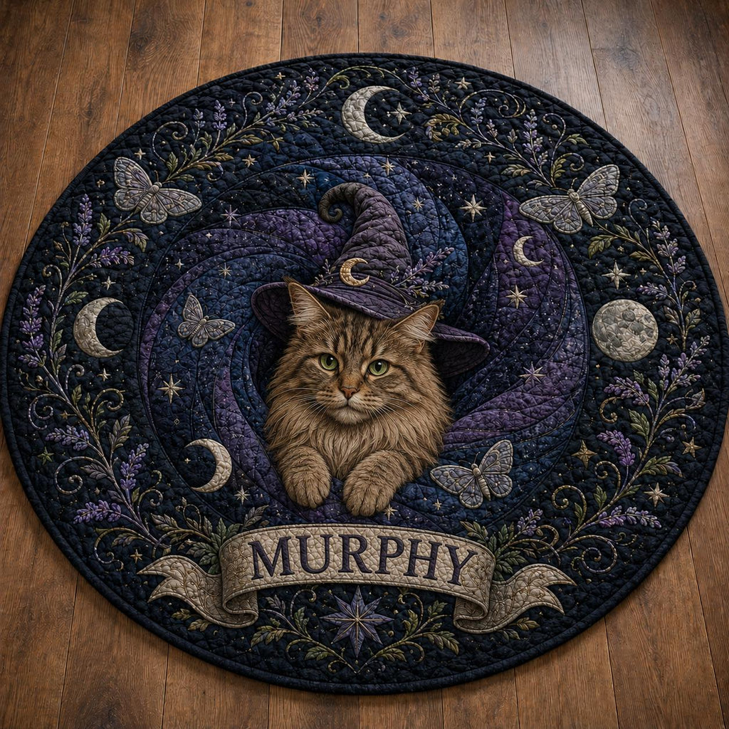 Witch Cat Round Rug, Black Cat Moon Area Rug, Celestial Halloween Floor Mat, Gothic Witchy Home Decor, Personalized Cat Lover Gift