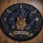 Witch Cat Round Rug, Black Cat Moon Area Rug, Celestial Halloween Floor Mat, Gothic Witchy Home Decor, Personalized Cat Lover Gift
