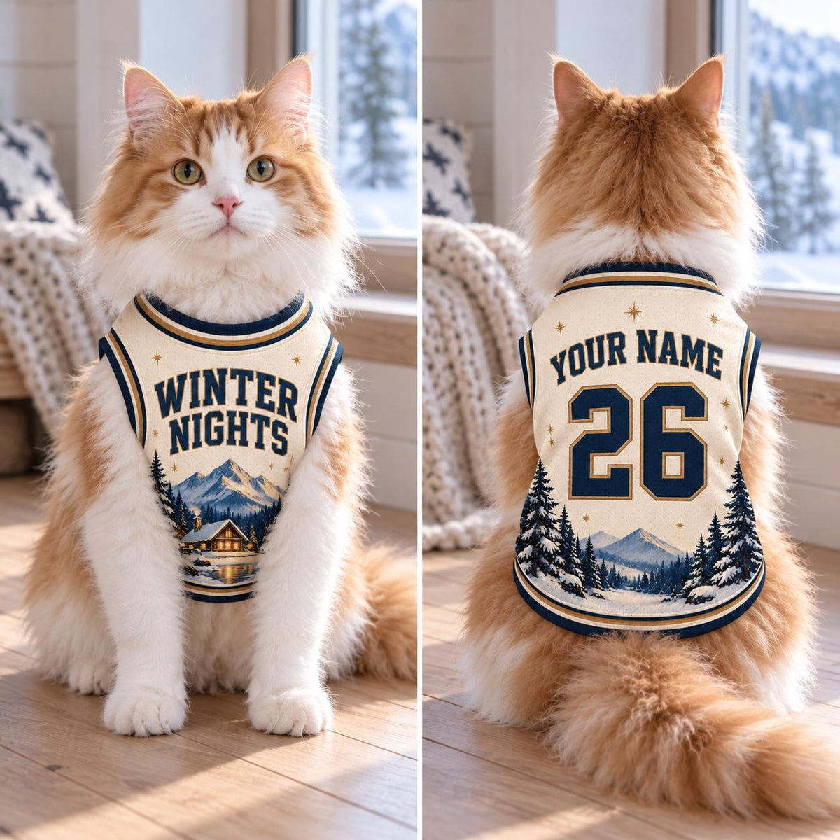 Winter Nights Pet Jersey, Personalized Dog Name Number Shirt, Snowy Mountain Christmas Pet Top, Holiday Sports Outfit, Custom Dog Gift