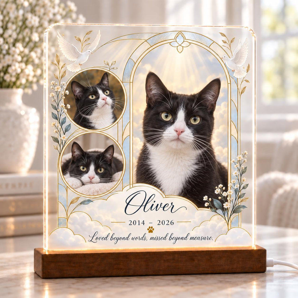 Angel Cat Memorial Light, Custom Tuxedo Cat Photo Acrylic Plaque, Personalized Pet Loss Keepsake, Sympathy Gift for Cat Mom