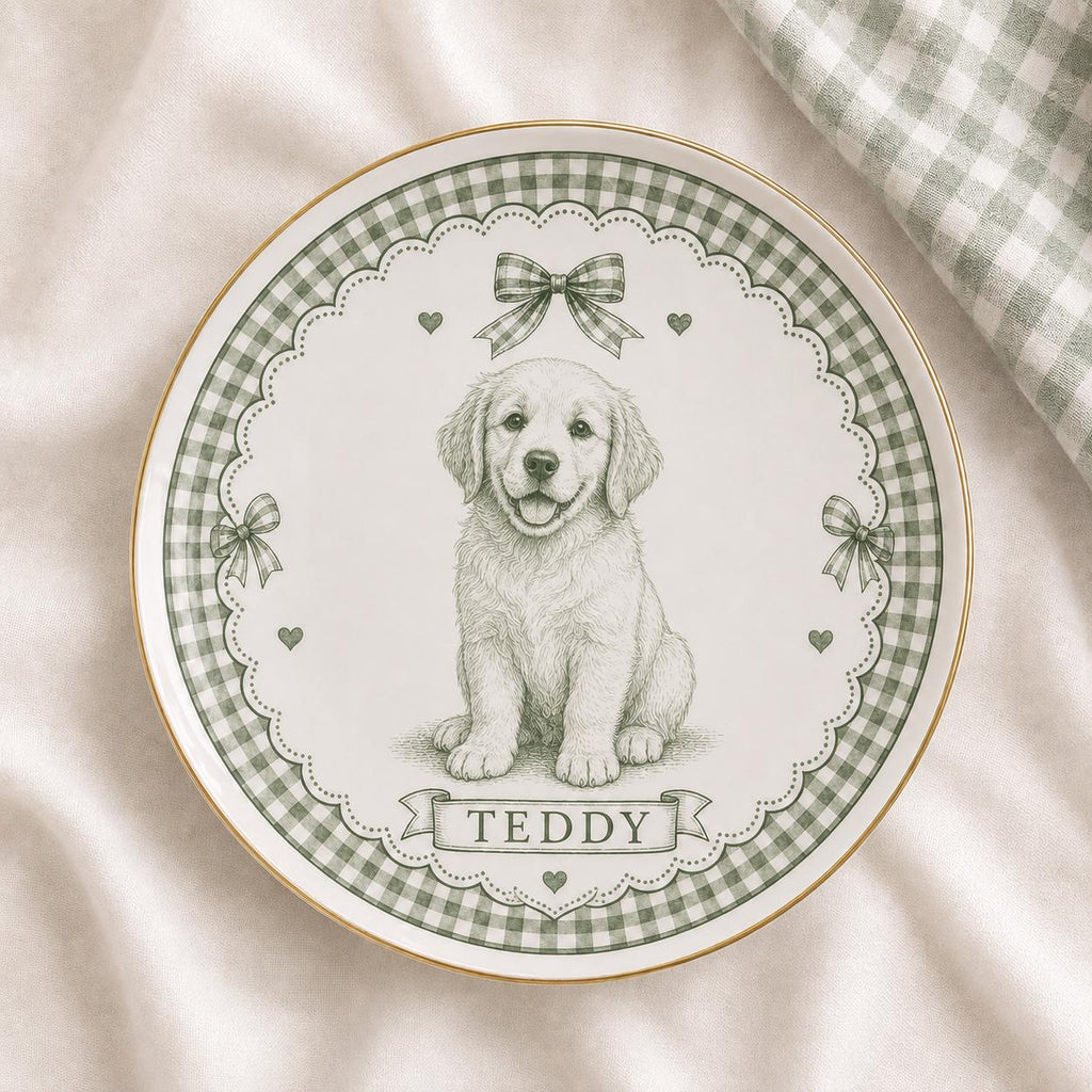Personalized Dog Ceramic Dish, Custom Pet Name Plate, Blue Gingham Puppy Keepsake, Bow Dog Trinket Dish, Pet Lover Gift