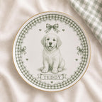 Personalized Dog Ceramic Dish, Custom Pet Name Plate, Blue Gingham Puppy Keepsake, Bow Dog Trinket Dish, Pet Lover Gift