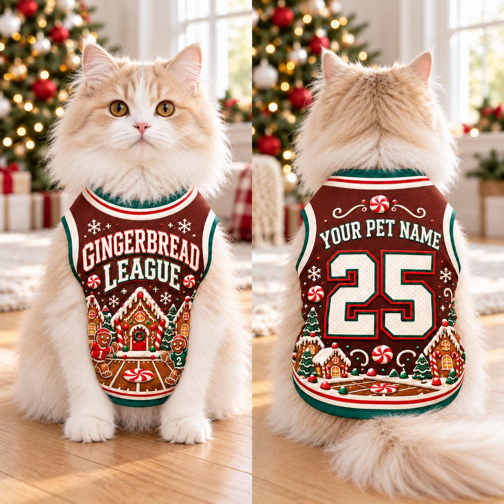 Gingerbread Pet Jersey, Personalized Dog Name Number Shirt, Christmas Pet Top, Holiday Sports Outfit, Custom Dog Gift