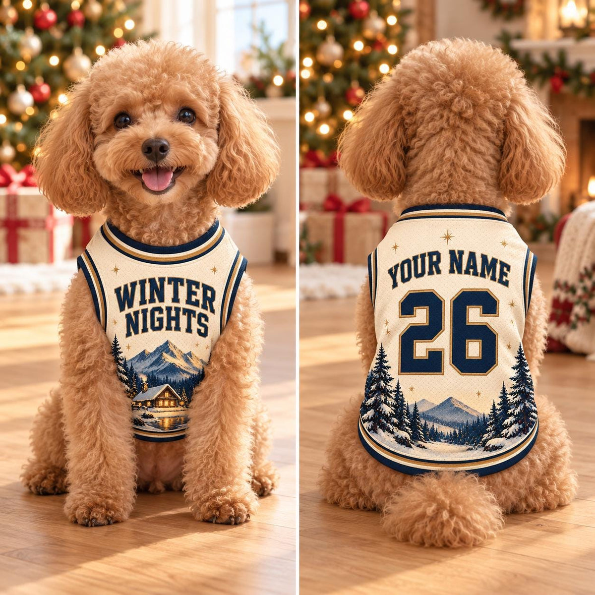 Winter Nights Pet Jersey, Personalized Dog Name Number Shirt, Snowy Mountain Christmas Pet Top, Holiday Sports Outfit, Custom Dog Gift