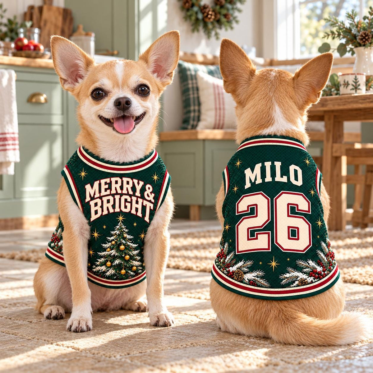 Merry & Bright Pet Jersey, Personalized Dog Name Number Shirt, Christmas Tree Pet Top, Holiday Sports Outfit, Custom Dog Gift