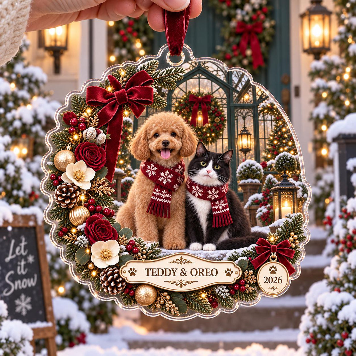 Burgundy Pet Christmas Ornament, Personalized Dog Cat Acrylic Keepsake, Custom Pet Names Year Decor, Pet Parent Holiday Gift
