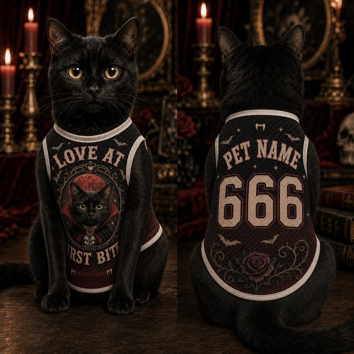 Vampire Cat Pet Jersey, Personalized Name Number Halloween Shirt, Love at First Bite Gothic Pet Outfit, Black Cat Costume Gift