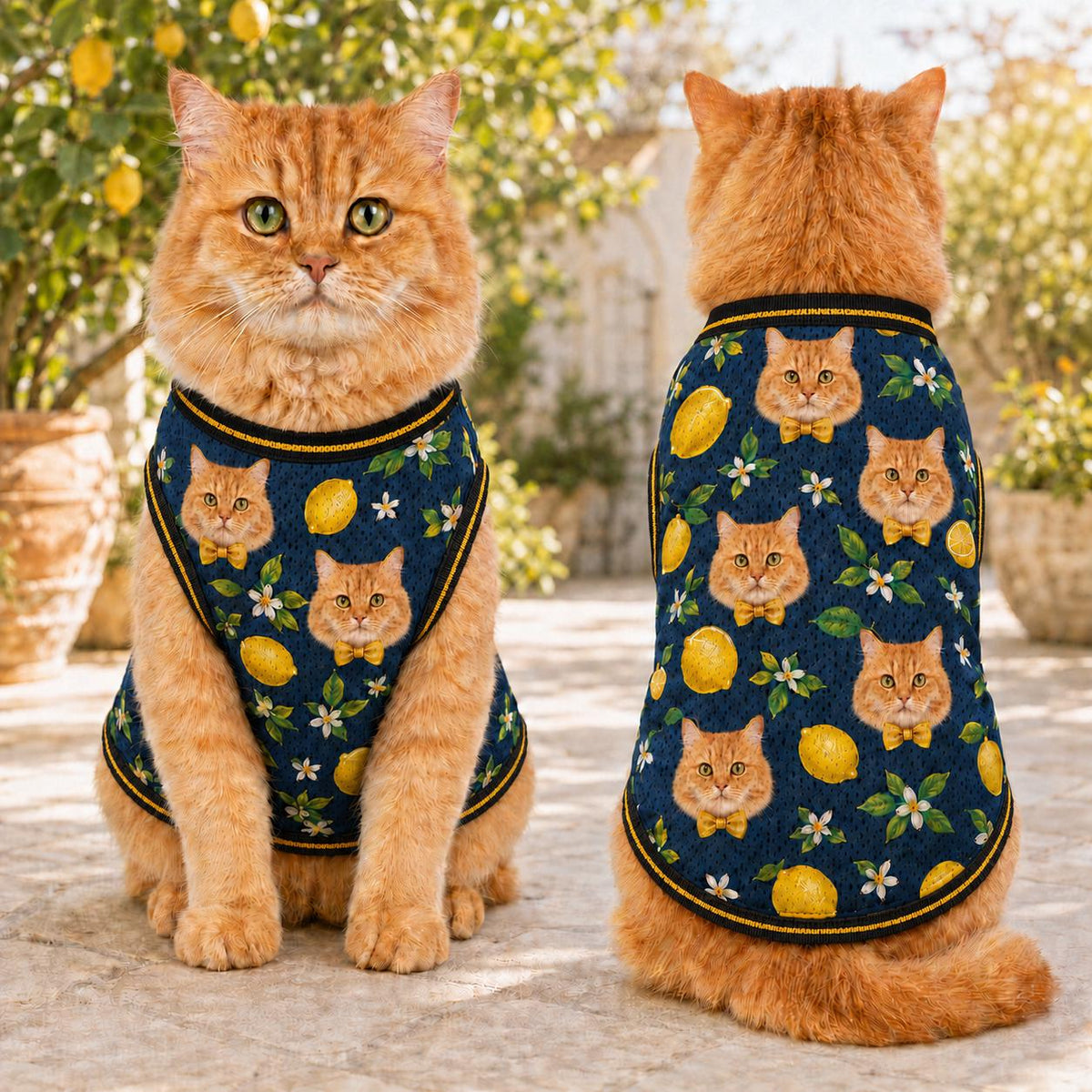 Custom Pet Face Cat Jersey, Personalized Cat Shirt, Lemon Floral Pet Outfit, Custom Photo Cat Vest, Cat Lover Gift