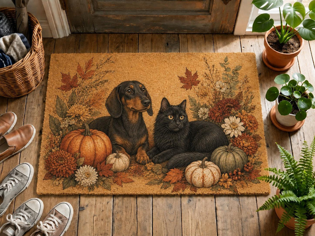 Personalized Fall Pet Doormat, Custom Dog Portrait Welcome Mat, Autumn Pumpkin Floral Door Decor, Pet Lover Housewarming Gift