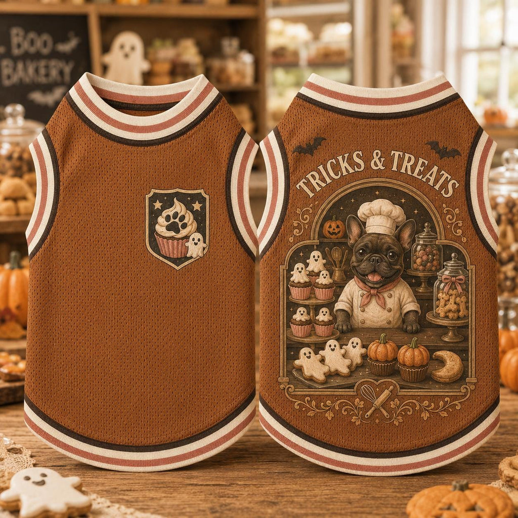 Halloween Dog Jersey, Tricks & Treats French Bulldog Shirt, Spooky Bakery Pet Tank, Pumpkin Ghost Dog Outfit, Fall Pet Gift