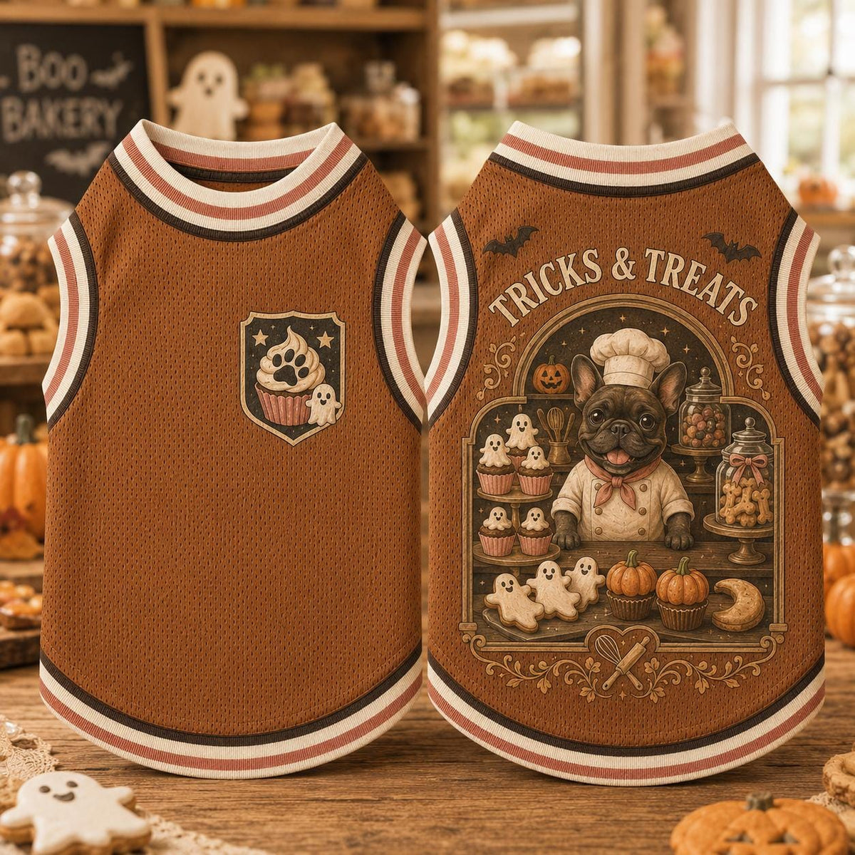 Halloween Dog Jersey, Tricks & Treats French Bulldog Shirt, Spooky Bakery Pet Tank, Pumpkin Ghost Dog Outfit, Fall Pet Gift