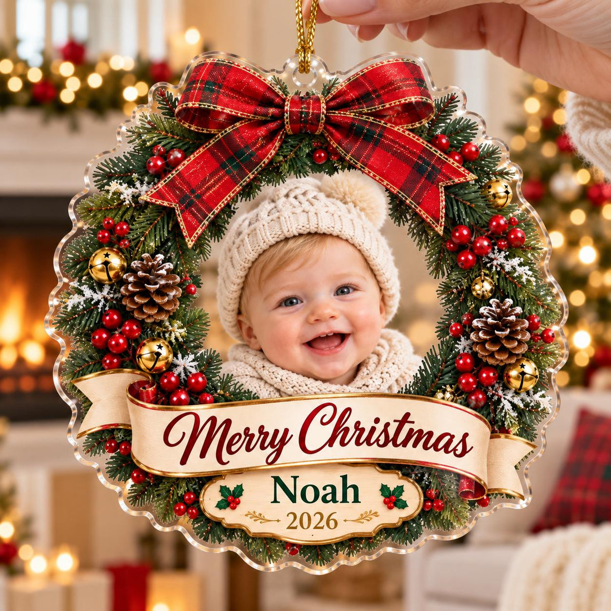 Christmas Wreath Ornament, Personalized Baby Photo Acrylic Keepsake, Custom Name 2026, First Christmas Gift
