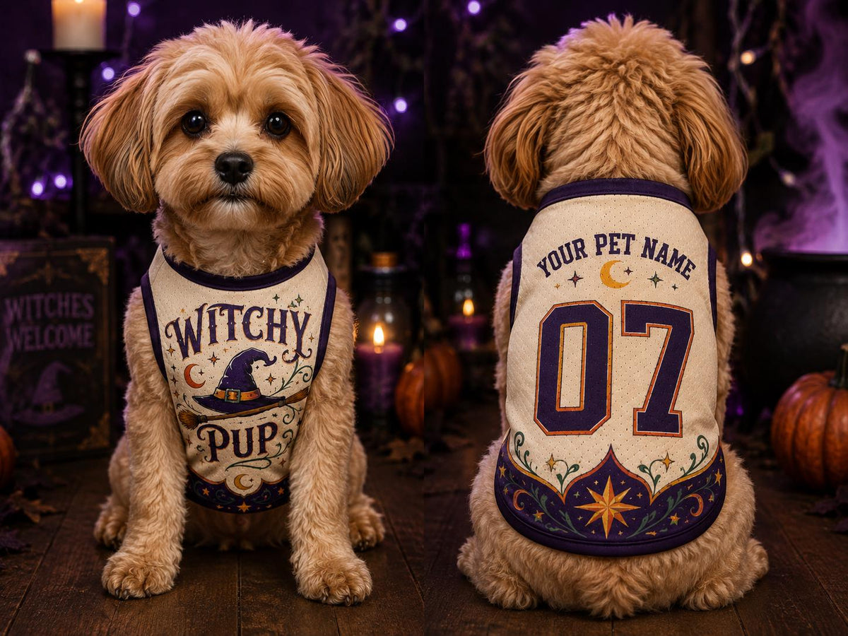 Witchy Pup Pet Jersey, Personalized Dog Name Number Shirt, Halloween Witch Costume, Spooky Season Pet Outfit, Dog Lover Gift