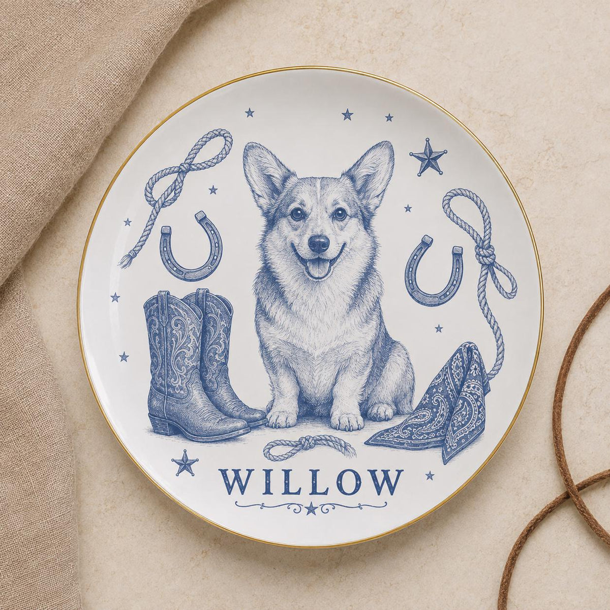 Personalized Western Dog Ceramic Dish, Custom Pet Name Plate, Cowboy Corgi Trinket Dish, Ranch Pet Keepsake, Dog Lover Gift