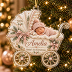 Baby Carriage Ornament, Personalized Photo Acrylic Keepsake, Custom Name Year, Baby First Christmas Gift
